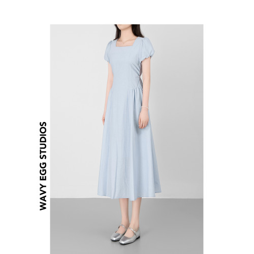 WAVY EGG波浪蛋 方領中長款收腰連衣裙女夏季泡泡袖高腰顯瘦a字裙