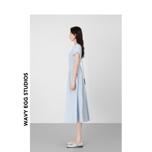 WAVY EGG波浪蛋 方領中長款收腰連衣裙女夏季泡泡袖高腰顯瘦a字裙