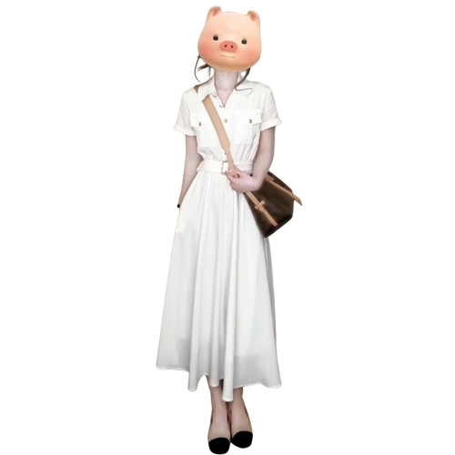韓系polo領白色短袖襯衫連衣裙子女裝夏季2025新款小個子收腰長裙