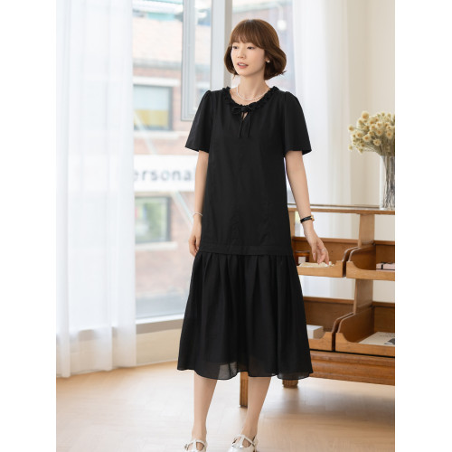 【夜色玫瑰】法兒家 2025新款黑色系帶長裙女夏季圓領花邊連衣裙