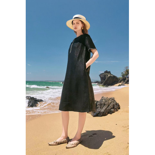 【黑鑽】香雲漢麻連衣裙女氣質釘珠短袖簡約寬松裙子夏季新25182