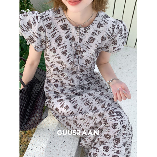 就是顯瘦！真絲+棉混紡印花收腰連衣裙女圓領泡泡袖女士長裙夏季