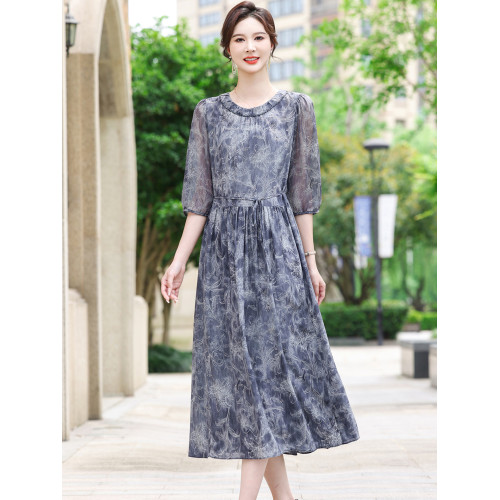 時尚大牌真絲連衣裙女2025夏季新款100%桑蠶絲圓領收腰長裙子