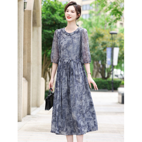 時尚大牌真絲連衣裙女2025夏季新款100%桑蠶絲圓領收腰長裙子