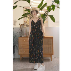 Y【叭噠不惑】 小谿生活  桑蠶絲時尚吊帶印花氣質寬鬆長款連衣裙