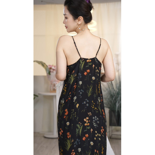 Y【叭噠不惑】 小谿生活  桑蠶絲時尚吊帶印花氣質寬鬆長款連衣裙