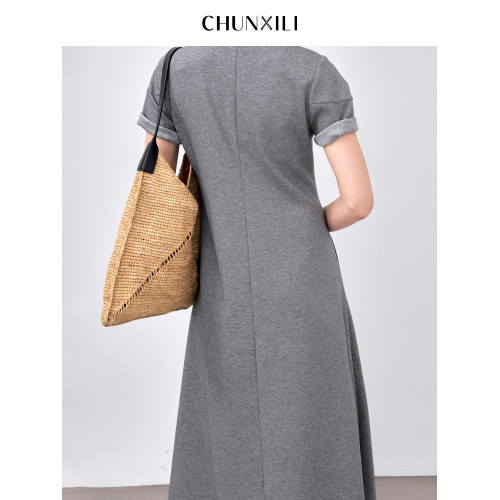 chunxili/春熙裡 修飾純色極簡長裙優雅高腰棉質套頭短袖連衣裙