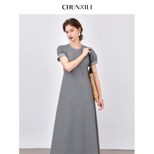 chunxili/春熙裡 修飾純色極簡長裙優雅高腰棉質套頭短袖連衣裙