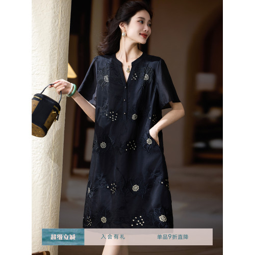 素木洋氣刺綉天絲雪紡連衣裙女大碼歐洲站女裝2025年夏季新款裙子