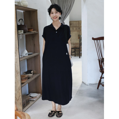 TT設計師【知音】休閒寬松大碼直筒裙Polo領T恤連衣裙女2025新款