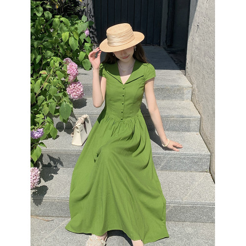 AM NANA法式氣質短袖綠色連衣裙女夏溫柔風絕美V領收腰顯瘦長裙子