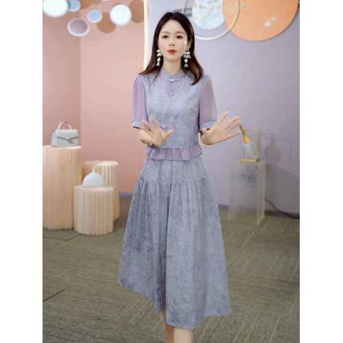 國風新中式高級假兩件連衣裙女2025年夏季時尚氣質減齡中長款裙子
