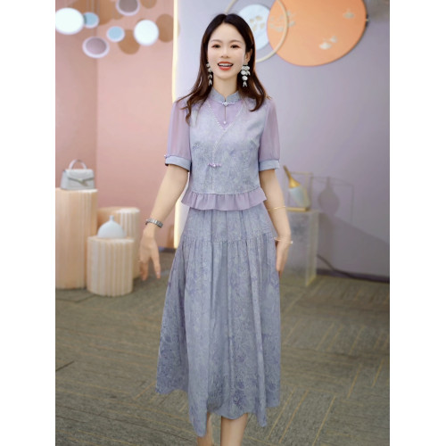 國風新中式高級假兩件連衣裙女2025年夏季時尚氣質減齡中長款裙子
