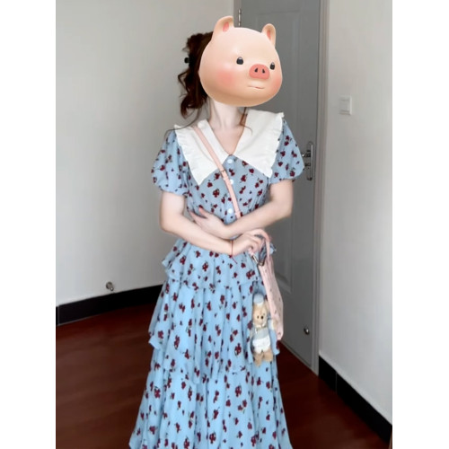 法式藍色碎花短袖襯衫連衣裙子女夏季2025新款小個子氣質收腰長裙