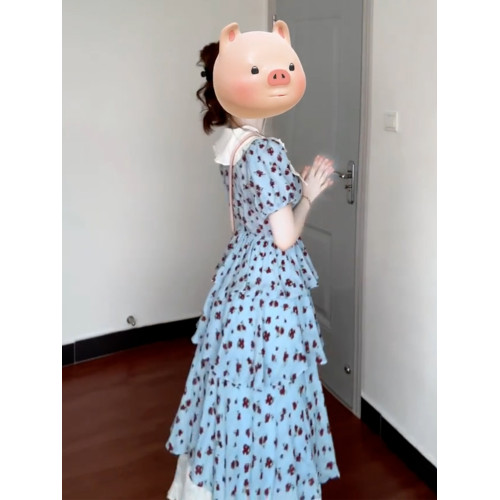 法式藍色碎花短袖襯衫連衣裙子女夏季2025新款小個子氣質收腰長裙