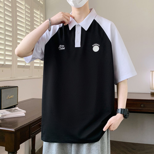 卡帝遜新款落肩袖POLO衫男t恤夏季拼接半袖體恤潮流休閒上衣男裝