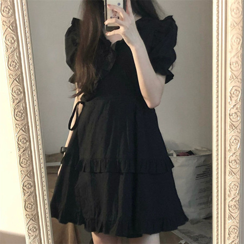 可鹽可甜短袖氣質小黑裙木耳邊V領連衣裙女學生夏系帶收腰a字