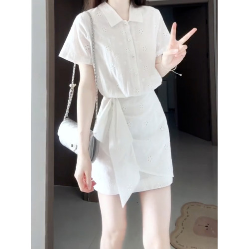 小個子白色鏤空襯衫連衣裙子女裝夏季穿搭2025新款溫柔風短裙套裝