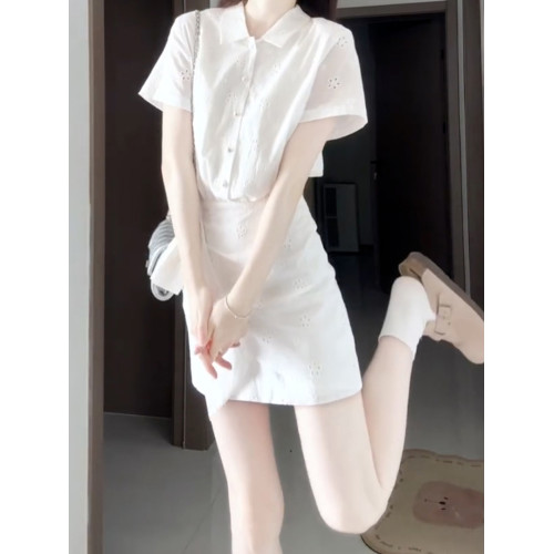 小個子白色鏤空襯衫連衣裙子女裝夏季穿搭2025新款溫柔風短裙套裝