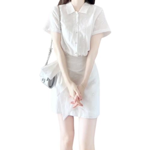 小個子白色鏤空襯衫連衣裙子女裝夏季穿搭2025新款溫柔風短裙套裝