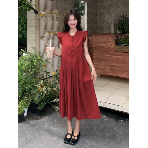 法式復古紅色小飛袖襯衫連衣裙女夏季2025新款高腰巨好看顯瘦長裙
