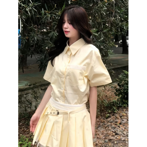 韓系學院風甜美黃色襯衫連衣裙子女2025新款夏季設計感百褶套裝裙