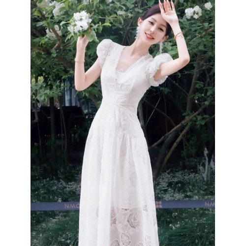 ROUJE KORE夏日絕美玫瑰花鏤空短袖白色連衣裙女夏季小個子長裙子