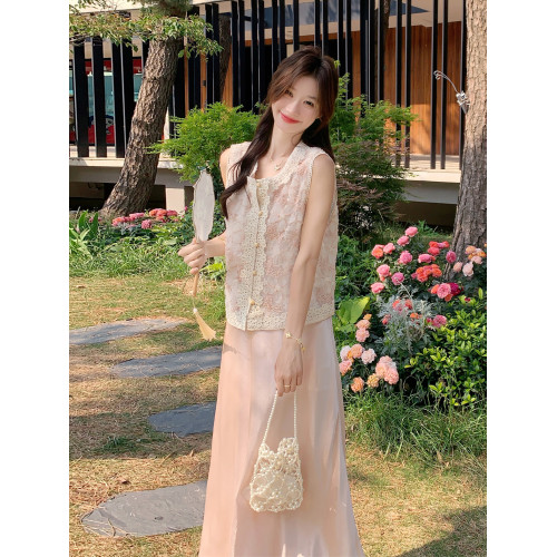 提花馬甲粉色吊帶連衣裙套裝2025新款女夏法式千金感巨好看兩件套