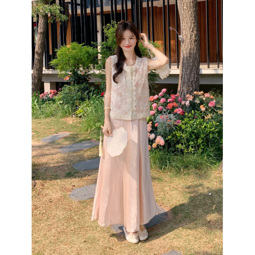 提花馬甲粉色吊帶連衣裙套裝2025新款女夏法式千金感巨好看兩件套