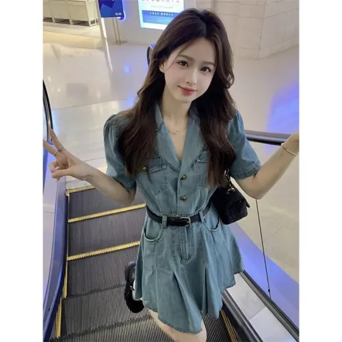 【店鋪】法式復古牛仔百褶連衣裙女夏季新款高級感氣質V領短