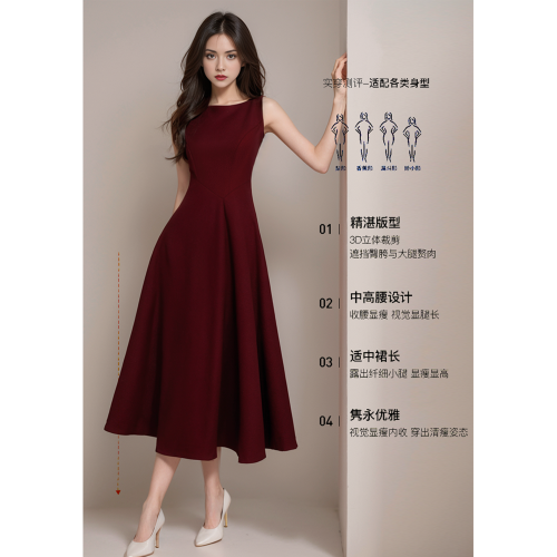 紅色連衣裙女夏法式無袖一字肩訂婚禮服簡單大方重要場合掐腰長裙
