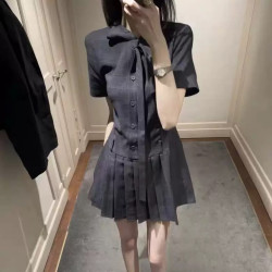 selfwho仿麻感深灰色小個子連衣裙女夏季新款優雅拼接百褶A字裙子
