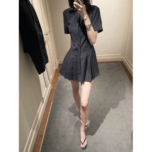 selfwho仿麻感深灰色小個子連衣裙女夏季新款優雅拼接百褶A字裙子