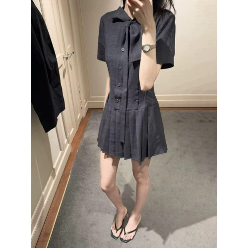 selfwho仿麻感深灰色小個子連衣裙女夏季新款優雅拼接百褶A字裙子