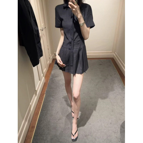 selfwho仿麻感深灰色小個子連衣裙女夏季新款優雅拼接百褶A字裙子