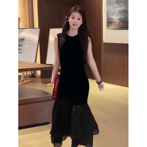 法式赫本風輕奢無袖連衣裙女2025夏季新款網紗拼接荷葉邊背心長裙