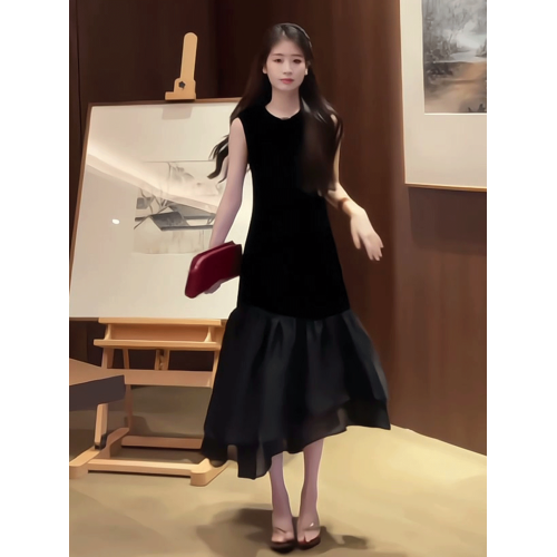 法式赫本風輕奢無袖連衣裙女2025夏季新款網紗拼接荷葉邊背心長裙