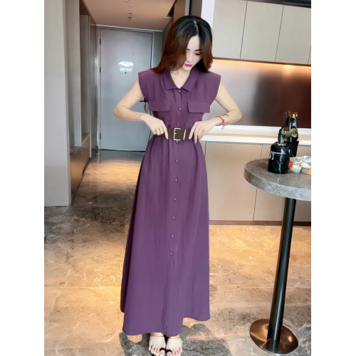 紫色無袖襯衫連衣裙帶墊肩設計女夏季2025新款復古寬皮帶收腰長裙