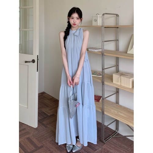 法式超仙藍色蝴蝶結掛脖連衣裙女2025夏季氣質絕美度假風露肩長裙
