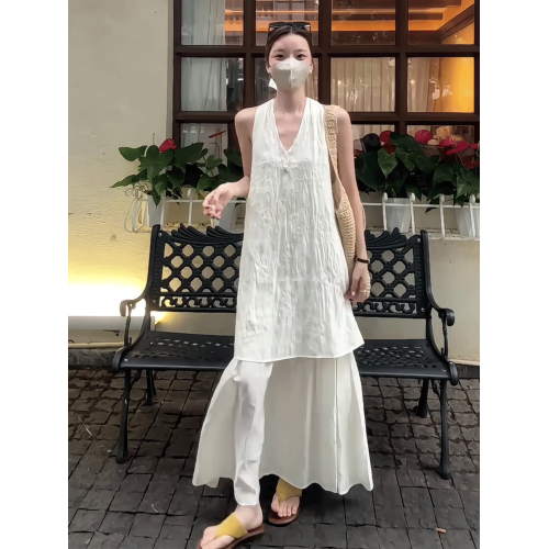法式新款復古提花背心連衣裙女2025年夏季設計感網紗拼接無袖長裙