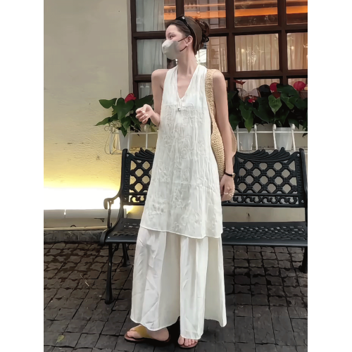 法式新款復古提花背心連衣裙女2025年夏季設計感網紗拼接無袖長裙