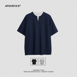 APO男裝 |簡約純色短袖男T恤2025夏季新款拉鍊寬松假兩件拼接上衣