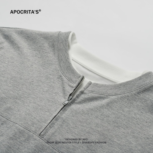 APO男裝 |簡約純色短袖男T恤2025夏季新款拉鍊寬松假兩件拼接上衣