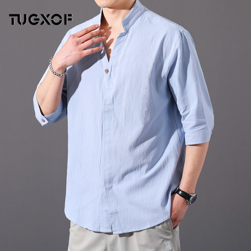 新款棉麻中袖男t恤棉襯衫男士休閒7分袖薄款七分袖亞麻短袖簡約潮