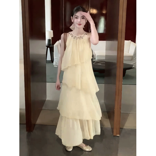 法式氣質無袖掛脖連衣裙女夏季寬松顯瘦溫柔度假風獨特漂亮蛋糕裙