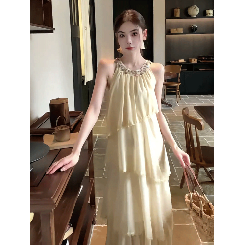 法式氣質無袖掛脖連衣裙女夏季寬松顯瘦溫柔度假風獨特漂亮蛋糕裙