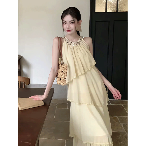 法式氣質無袖掛脖連衣裙女夏季寬松顯瘦溫柔度假風獨特漂亮蛋糕裙
