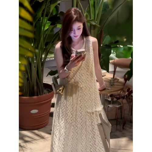 韓系重工蕾絲拼接無袖連衣裙女2025夏季鉤花設計感寬松顯瘦中長裙