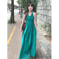 純欲性感大露背v領掛脖綁帶吊帶連衣裙女夏季拍照沙灘裙仙女長裙