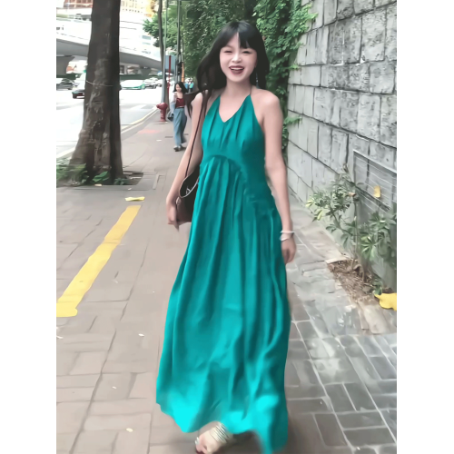 純欲性感大露背v領掛脖綁帶吊帶連衣裙女夏季拍照沙灘裙仙女長裙
